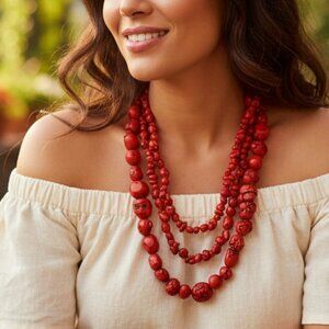 Vintage Red Stone Chunky Necklace Multi Strand Beaded Coral Color